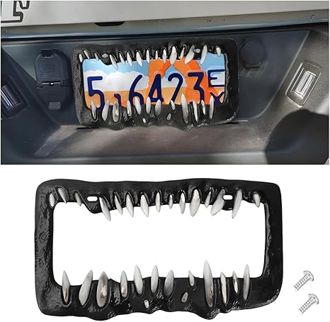 Universal Metal Shark Tooth Teeth Jaws License Plate Frame, Creature Teeth License Plate Frame – 3D Horror Shark Car Accessories, Funny License Plate Frames for Cars Trucks SUV