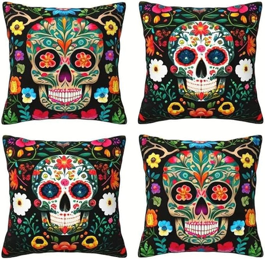 Set of 4 Day of The Dead Skull Linen Pillow Covers 18x18inch, Mexican Style Throw Pillowcase Dia De Los Muertos Decorative Skull with Colorful Floral Cushion Cover for Halloween Outdoor Home Bed Sofa