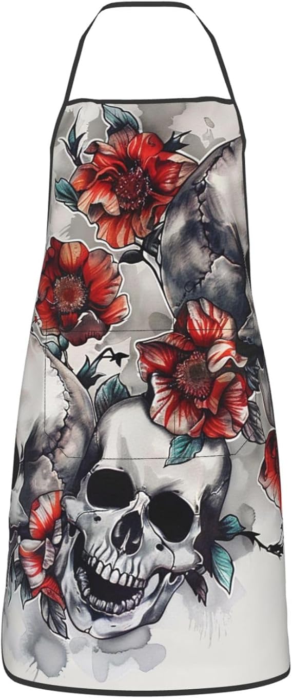 Skull and Flower Printed Adjustable Chef Apron with Pockets - Unisex Cooking Apron for Kitchen Grill Painting & Restaurant Use