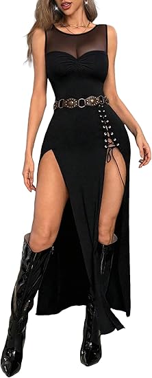Womens Sexy Bodycon High Slit Dress Mesh Detail Gothic Y2K Midi Dress Formal Club Party Outfit Halloween Dresses