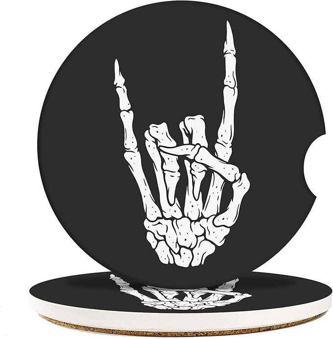 Britimes Absorbent Car Coasters 2 Pack for Cup Holders, 2.56" Ceramic Stone & Non-Scratch Cork Base Drink Coasters Skeleton Skull Rock Vintage Rocker
