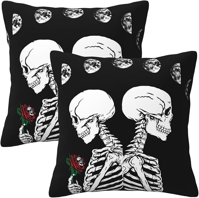 Skull Moon Phase Rose Throw Pillow Covers Soft Square Cushion Pillowcase Set of 2 for Sofa Couch Home Decor 18 X 18 in