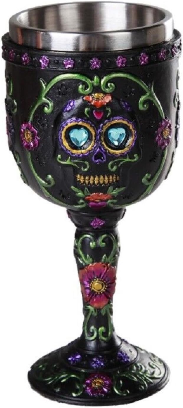 Pacific Giftware Day of The Dead Celebration Black Sugar Skull Floral Design Collectible Wine Goblet 7oz