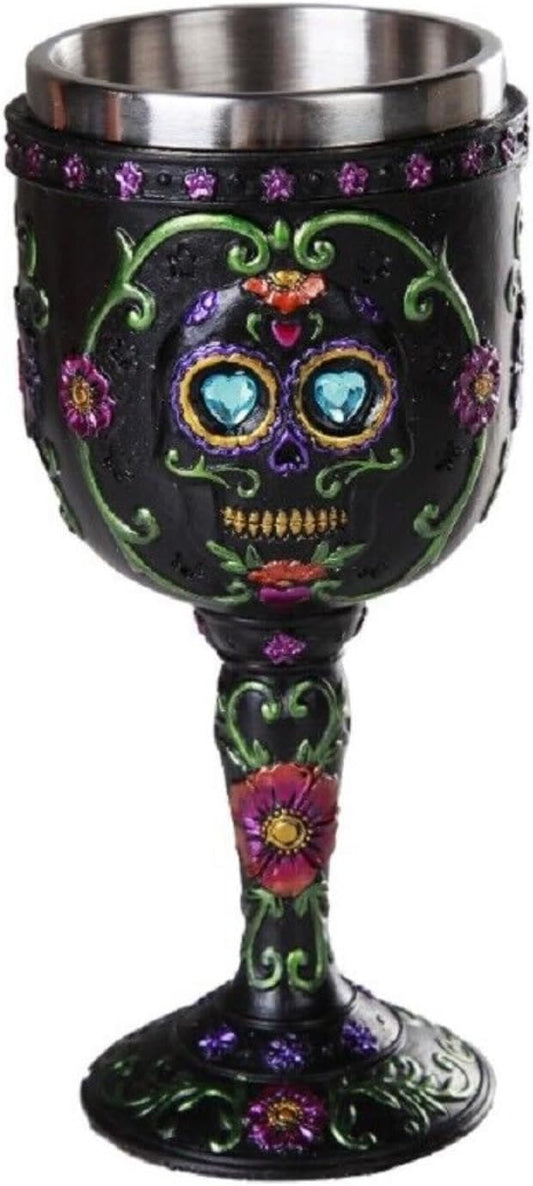 Pacific Giftware Day of The Dead Celebration Black Sugar Skull Floral Design Collectible Wine Goblet 7oz