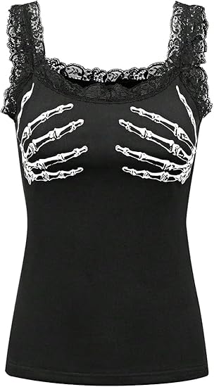 Women's Skeleton Print Goth Tank Tops Lace Sleeveless Slim Fit Rave Knit Tops