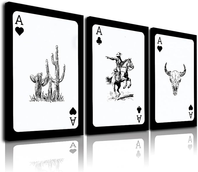 Western Cowboy Wall Art Set of 3, Bull Skull Cowboy Rodeo Cactus Playing Ace Card Vintage Western Room Decor, Southwestern Canvas Art Print, Retro Black & White Pictures for Bedroom Living Room Framed 12x16 Inch