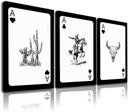 Western Cowboy Wall Art Set of 3, Bull Skull Cowboy Rodeo Cactus Playing Ace Card Vintage Western Room Decor, Southwestern Canvas Art Print, Retro Black & White Pictures for Bedroom Living Room Framed 12x16 Inch