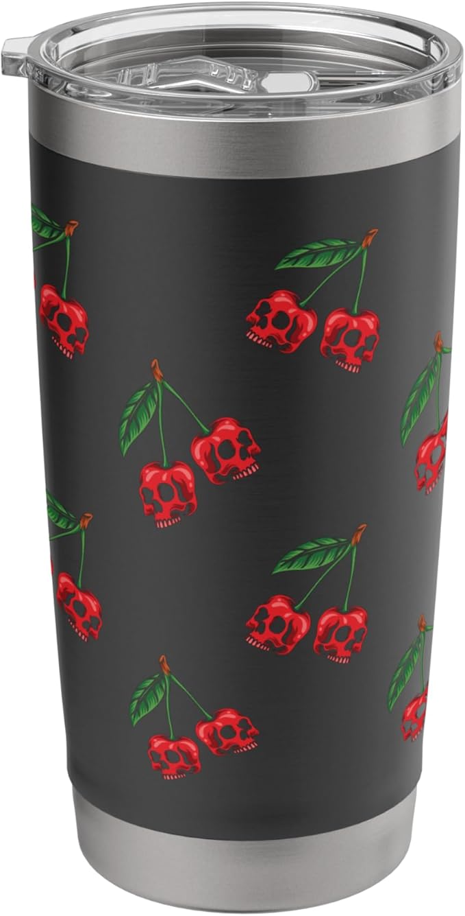 Cute Cherry Skull Pattern Red Scary Skulls Black Background Stainless Steel Insulated Tumbler