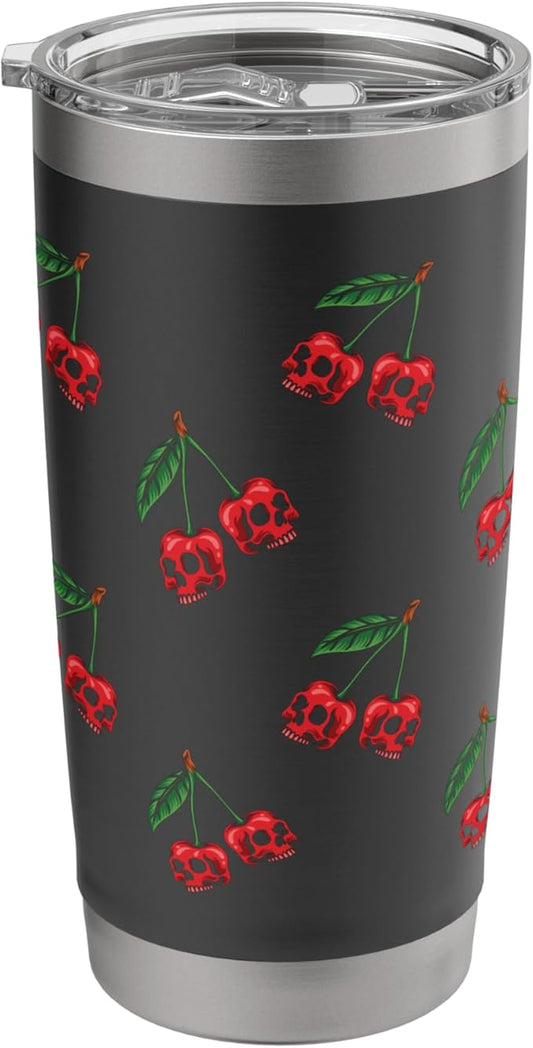 Cute Cherry Skull Pattern Red Scary Skulls Black Background Stainless Steel Insulated Tumbler