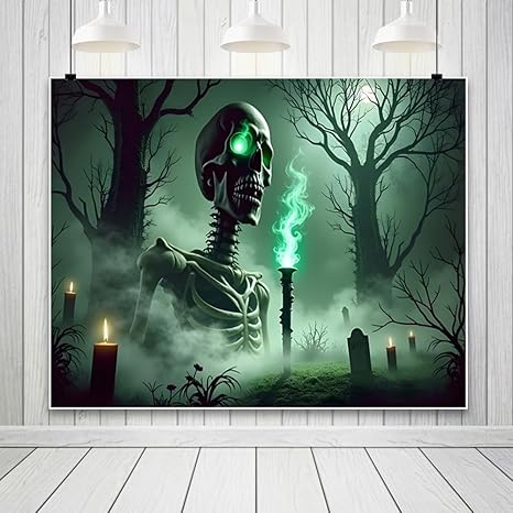Halloween Backdrop 10x8ft Creepy Night Graveyard Scary Emitting Sinister Green Light Skull Photography Background Halloween Photo Backdrop Scary Party Decorations Photo Props