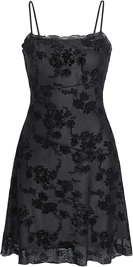 Women's Mini Dress Floral Spaghetti Strap Mesh Dresses Going Out Festival Concert Outfits Grunge Gothic Clothes
