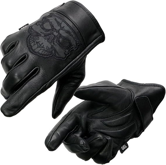 MG7571 Men's Black ‘Col-Tec’ Leather ‘Reflective Skull’ Motorcycle Hand Gloves W/Gel Padded Palm