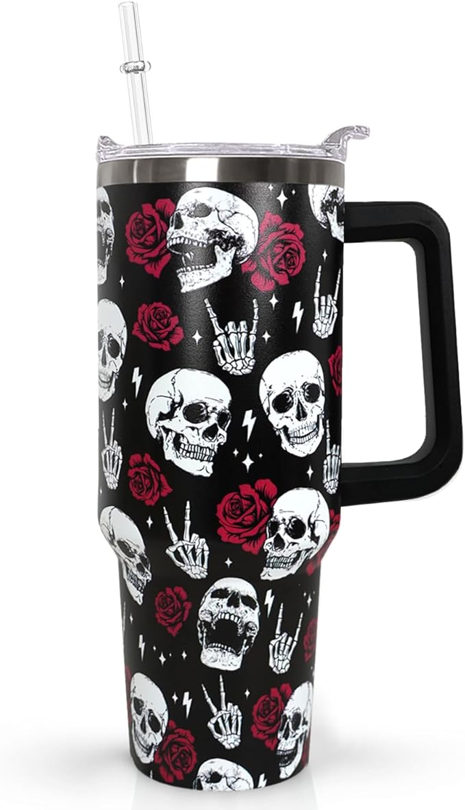 40 oz Skull Rose Coffee Mug Cup Vacuum Insulated Travel Tumbler with Handle Lid and Straw,Gothic Gifts,Styleday of the Dead Accessories Stuff