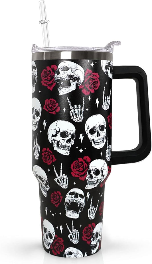 40 oz Skull Rose Coffee Mug Cup Vacuum Insulated Travel Tumbler with Handle Lid and Straw,Gothic Gifts,Styleday of the Dead Accessories Stuff