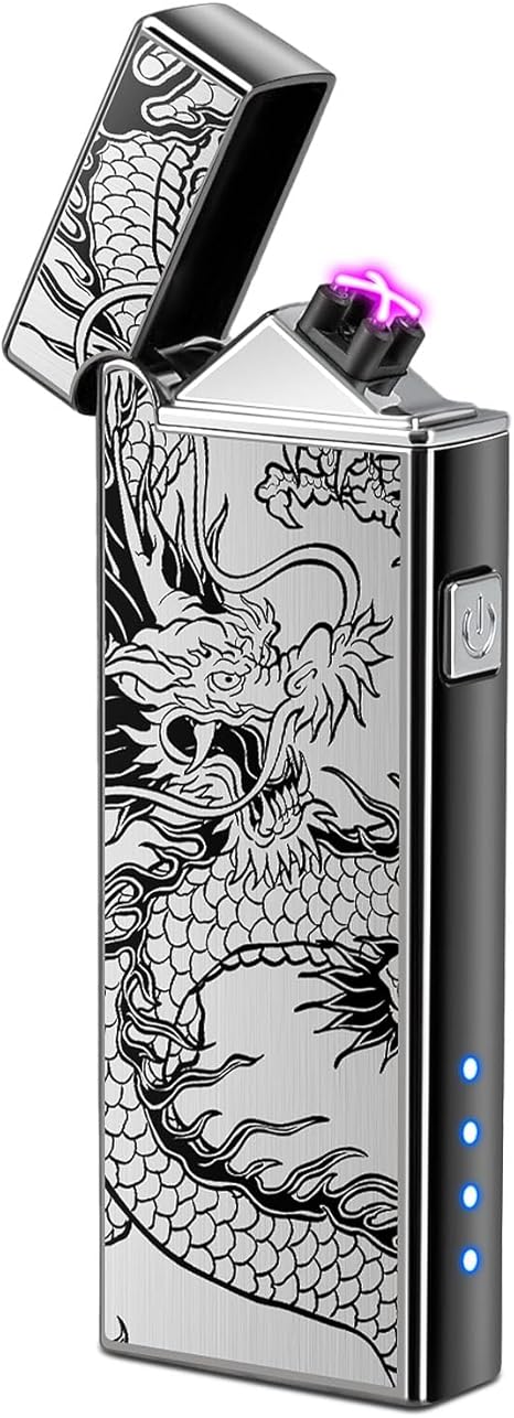 LcFun Electric USB Rechargeable Lighter, Windproof Plasma Dual Arc Lighter with LED Battery Indication, Flameless Cool Lighters Gifts for Men Fathers Husband (Black Dragon)