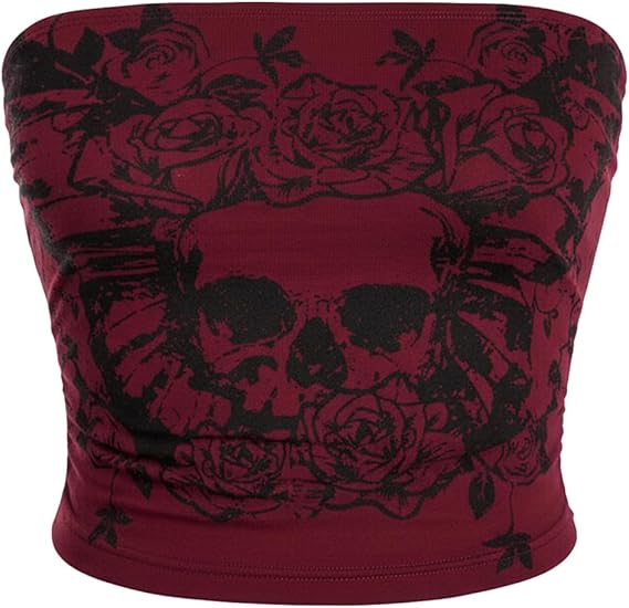 Women's Y2k Goth Tube Crop Top Skull Print Strapless Sleeveless Bandeau Tops