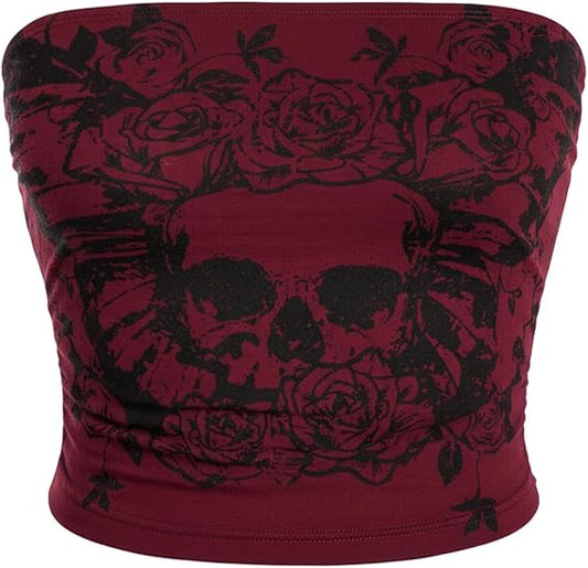 Women's Y2k Goth Tube Crop Top Skull Print Strapless Sleeveless Bandeau Tops