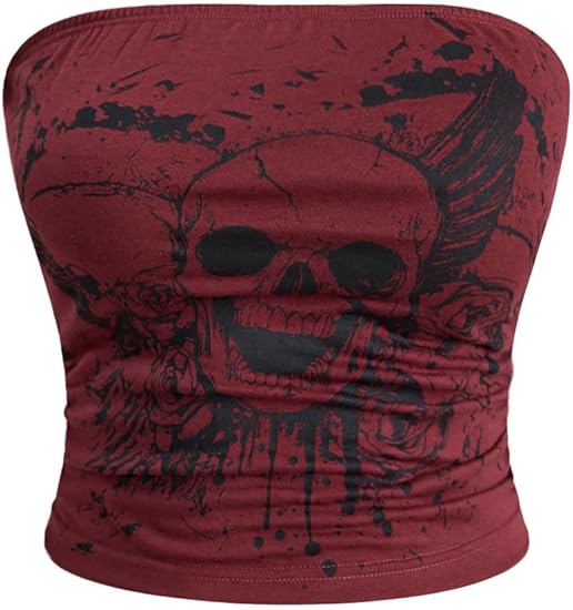 Women's Goth Skull Print Strapless Tube Y2k Sleeveless Bandeau Top