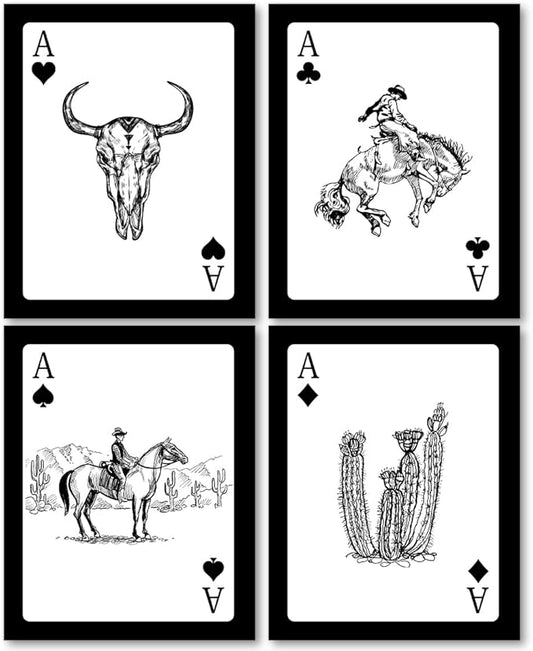 laveliabel Vintage Western Cowboy Playing Card Wall Art Prints Set of 4 Unframed, Western Wall Decor, Retro Western Bull Skull Rodeo Cactus Cowboy Poster Prints for Home Room Wall Decor 8x10 Inches