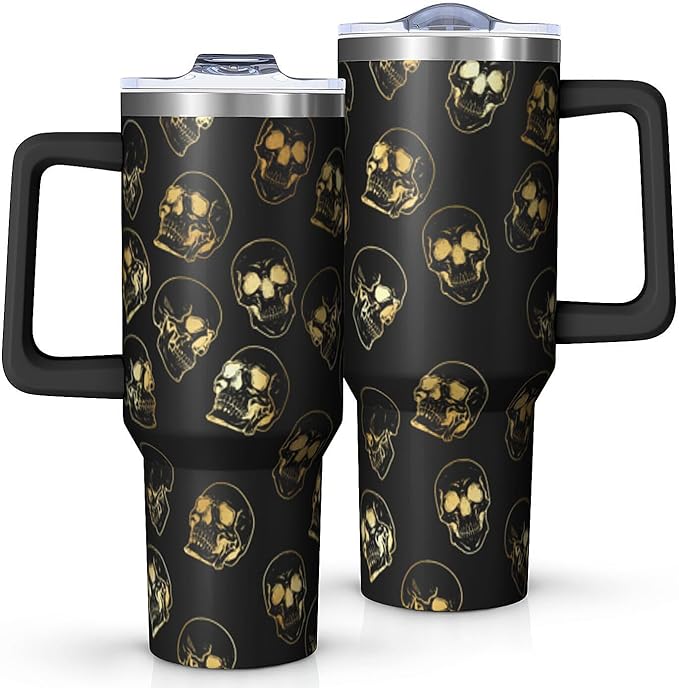 40oz Golden Skull Tumbler With Handle And Straw,Halloween Christmas Birthday Gifts For Adult Men,Women,Skull Lovers,Stainless Steel Cup Spill-Proof With Lid,Cool Coffee Travel Mug