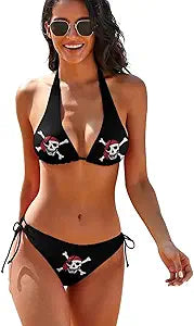 Laughing Pirate Skull Women's Bikini Set V Neck Swimwear Two Piece Swimsuit Bathing Suit
