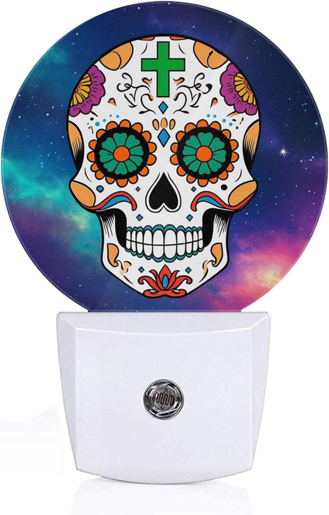 Axayaz Skull Dusk to Dawn Round Night Light Galaxy Nebula Cool Floral Sugar Skull Skeleton Head Halloween Day of The Dead Auto Sensor Lamp Home Indoor Stairway Kitchen Corridor