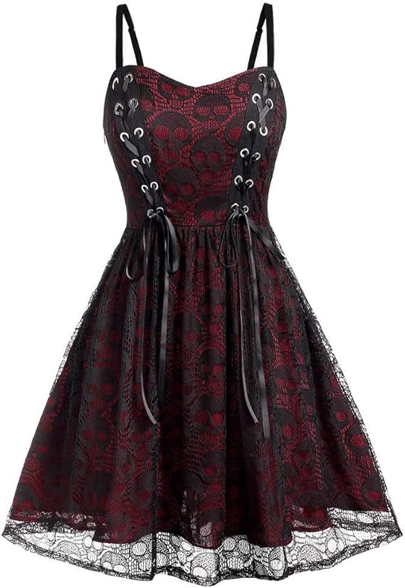 Women's Sleeveless Punk Dresses Camisole Skull Print Lace Swing Dress Halloween Spaghetti Strap Steampunk Dress Goth Clothes