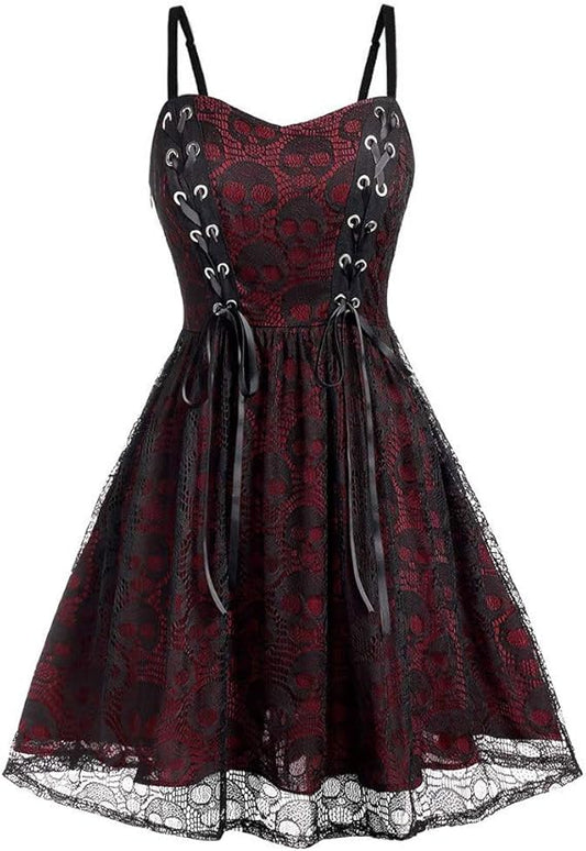 Women's Sleeveless Punk Dresses Camisole Skull Print Lace Swing Dress Halloween Spaghetti Strap Steampunk Dress Goth Clothes