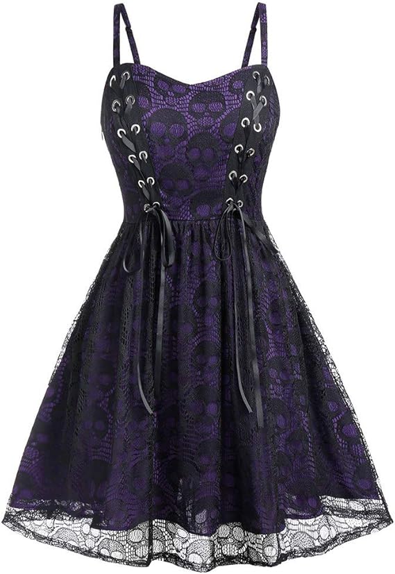 Women's Sleeveless Punk Dresses Camisole Skull Print Lace Swing Dress Halloween Spaghetti Strap Steampunk Dress Goth Clothes