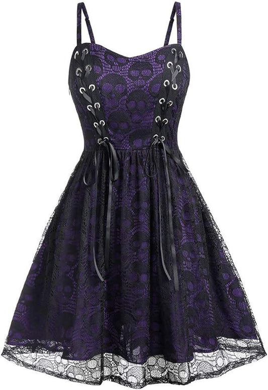 Women's Sleeveless Punk Dresses Camisole Skull Print Lace Swing Dress Halloween Spaghetti Strap Steampunk Dress Goth Clothes
