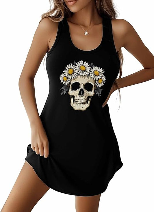 Tank Nightgowns for Women Sleeveless Sleepwear Skeleton Skull with Daisy Flower Sleep Dress Soft Chemise Nightdress