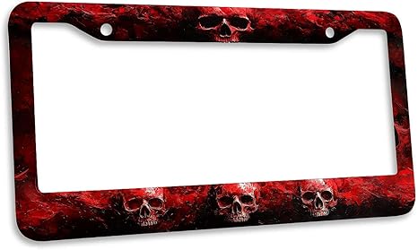 Red Skull License Plate Frame Gothic Skull Horror Halloween Car Front License Plate Personalise License Plate Frames Stainless Steel Metal Car Plates Tag Funny Decor Men Women 12.2"x6.2" 1PC