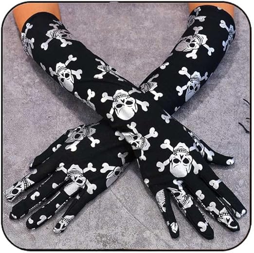 Skull Long Finger Satin Gloves Black Skull Elbow Length Gloves Halloween Cosplay Costume Accessories for Women