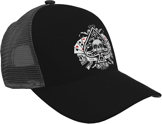 Skull with Playing Card Spades Baseball Cap for Men Women Adjustable Snapback Strap Trucker Hat Mesh Caps Golf Dad Hats Breathable Baseball Caps Black