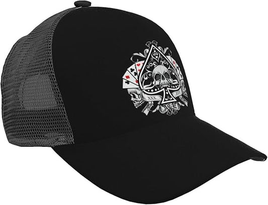 Skull with Playing Card Spades Baseball Cap for Men Women Adjustable Snapback Strap Trucker Hat Mesh Caps Golf Dad Hats Breathable Baseball Caps Black