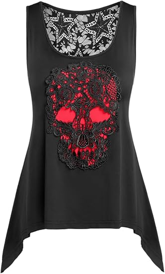 Women's Gothic Top Gothic Star Lace Panel Contrast Skull Applique Asymmetrical Sleeveless Top