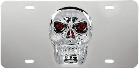 GG Grand General 60286 Stainless Steel License Plate w/ 3D Big Skull Emblem, 4 Holes, Chrome
