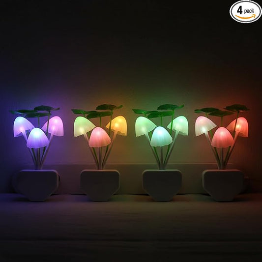 Mudder 4 Pcs Sensor Mushroom Night Lights LED Night Lights 7 Color Changing Plug-in Light Sensor Wall Lamp for Adults Bedroom, Bathroom, Christmas Party Gift(Lotus Leaf Style)