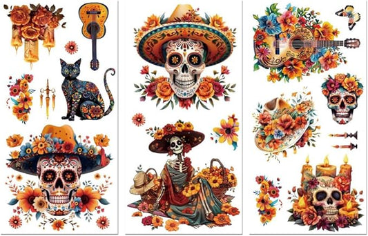Peacoblue Rub on Transfer Decal for Furniture Craft Decor Skeleton Skull 6"x12", 3Pcs Day of the Dead Waterproof UV DTF Transfer Sticker for Dresser Lingerie Chests Drawer Glass Porcelain Wood Plastic
