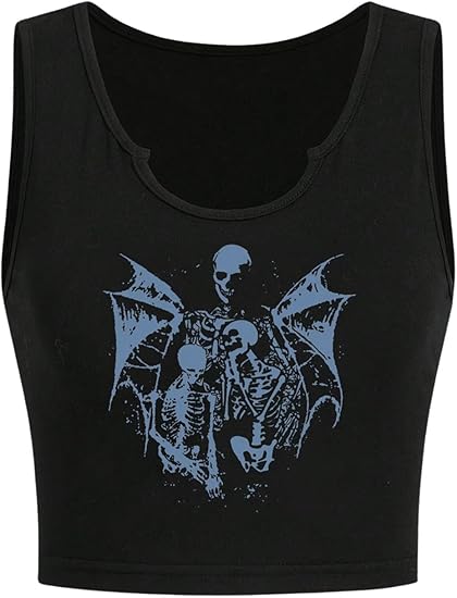 Women's Skull Print Notched Neck Sleeveless Summer Crop Tank Top