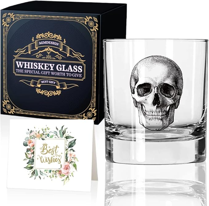 AGMdesign Skeleton Skull Whiskey Glass, Halloween Whiskey Glass, Fathers Day Gift for Men, Husband, Dad, Brother, Best Friend