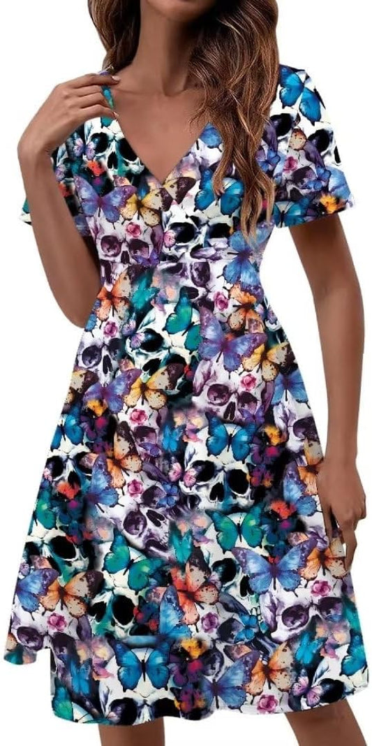 Women's Short Sleeve Swing Short Dress Plus Size V Neck A-Line Casual Dress with Pockets