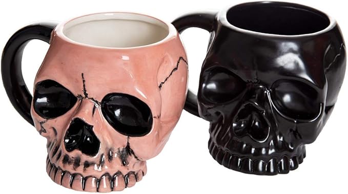 Skeleton Skull Shaped Halloween Ceramic Coffee Mug - Set of 2-15 oz