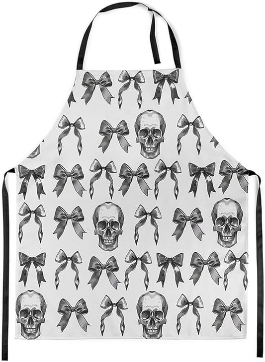 Erosebridal Black White Bowknot Skull Apron Butterfly Bow Tie Waterproof Apron Abstract Terror Themed Sugar Skull