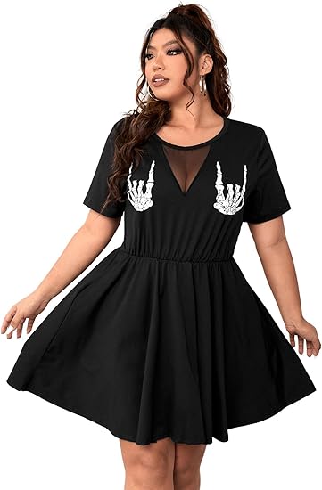 Women's Plus Size Contrast Mesh Cute Dress Skull Print A Line Dress Skeleton Hand Print Dresses