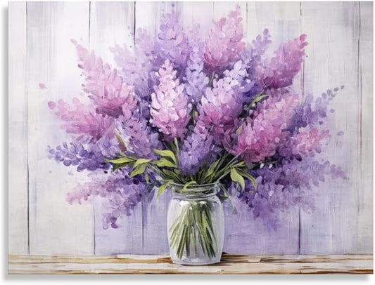 Rustic Lavender Wall Art Country Floral Canvas Prints Botanical Wall Art Watercolor Flower Bathroom Wall Decor Painting Purple Canvas Wall Art Modern Artwork for Bedroom Framed 12"X16"