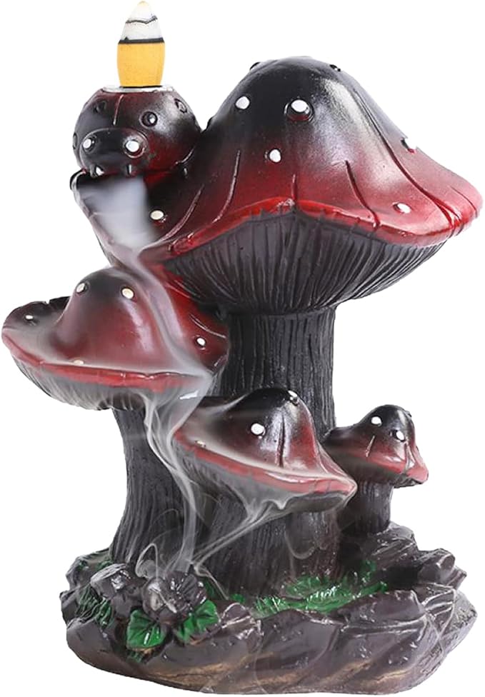 YYW Cute Mushroom Incense Holder, Resin Waterfall Incense Holders Cone Stick Holder with 20 Incense Cones + 30 Incense Sticks + 1 Mat + 1 Tweezers for Home Office Mushroom Decor Gift