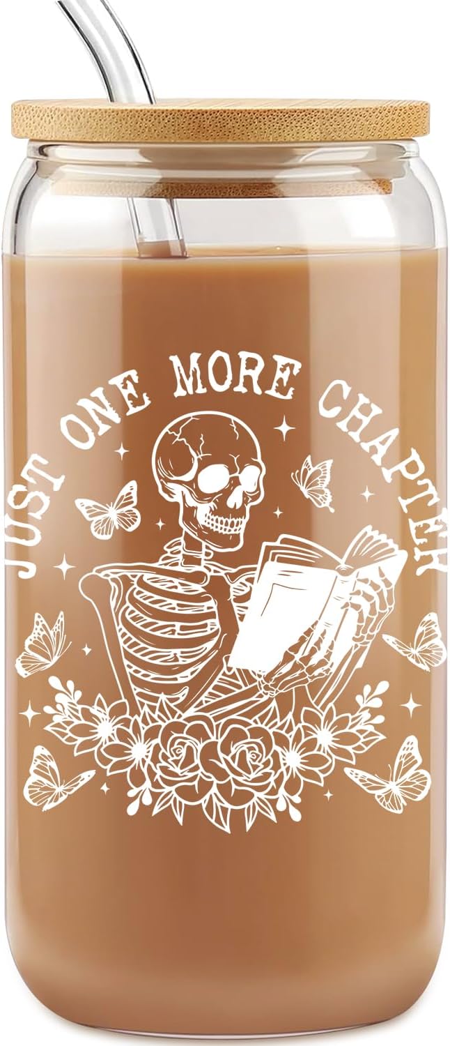 Funny Tarot Skull Readers Iced Coffee Glass Cup with Lid and Straw, Novelty Cute Skull Drinking Cup, Book Lover Gifts for Women - 16 Oz Coffee Glass