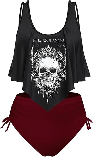 Rosegal Womens Plus Size Curve Gothic Skull Print Ruffled Overlay Tankini Swimwear Set