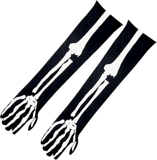 Halloween Skeleton Gloves Skull Hand Print Gloves for Men and Women, Full Finger Bone Long Arm Length Gloves for Halloween Party, Dance,Haunted House Events